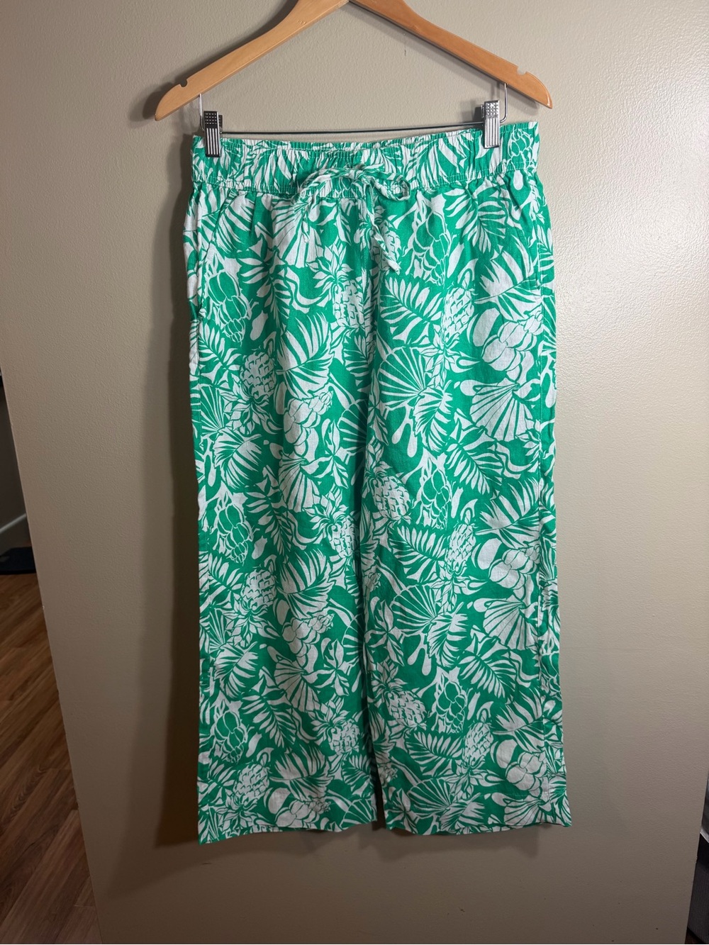 Tropical Linen Wide Leg Crop Pants Green White Palm Print Boho Resort